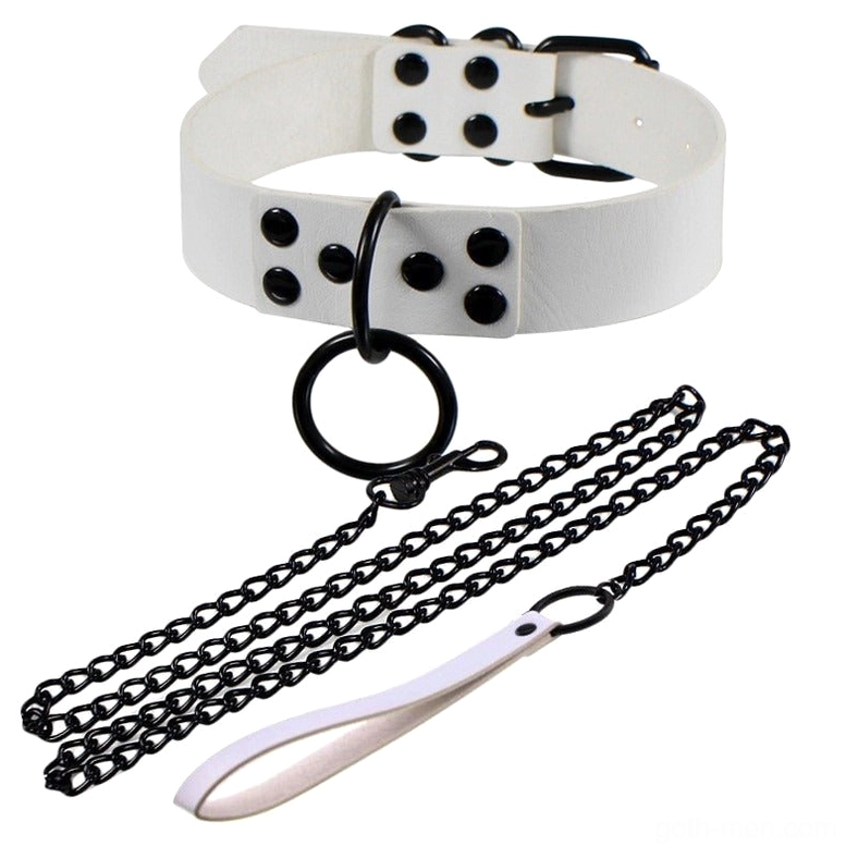 White PU leather gothic choker collar with metal O-ring and detachable chain leash set