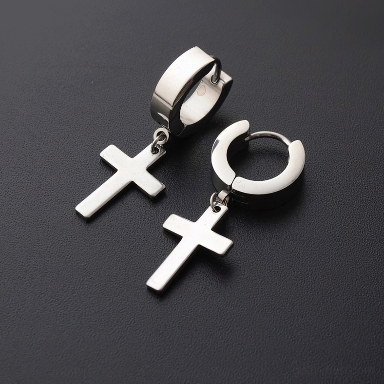 White stainless steel gothic cross dangle earrings no pierced - clip-on huggie style alternative