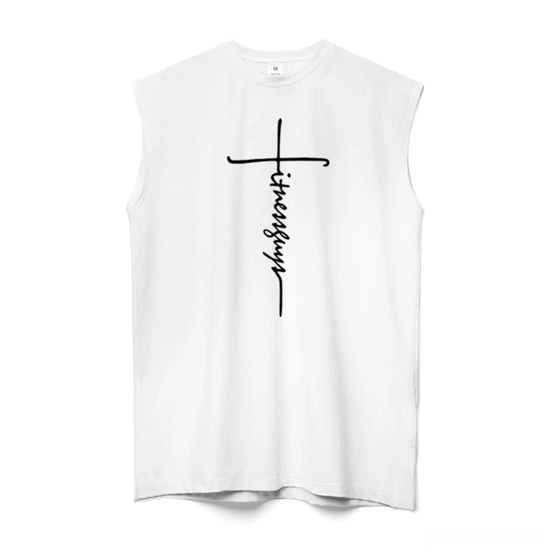 White gothic cross letter print sleeveless tank top flat lay, front detail view