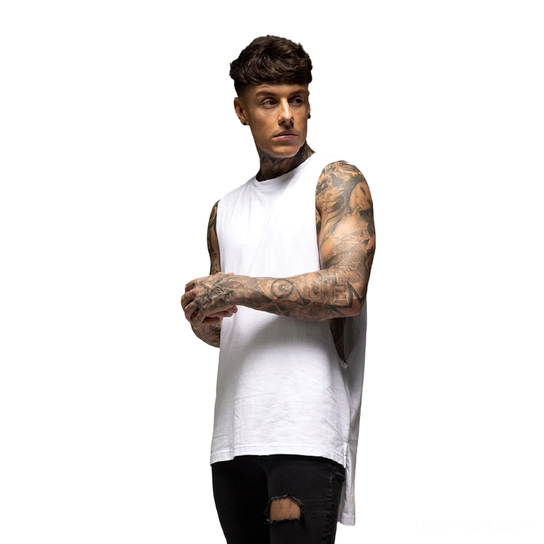 White gothic cutaway tank top full view - men's sleeveless crew neck vest with rebellious NO PAIN NO GAIN design