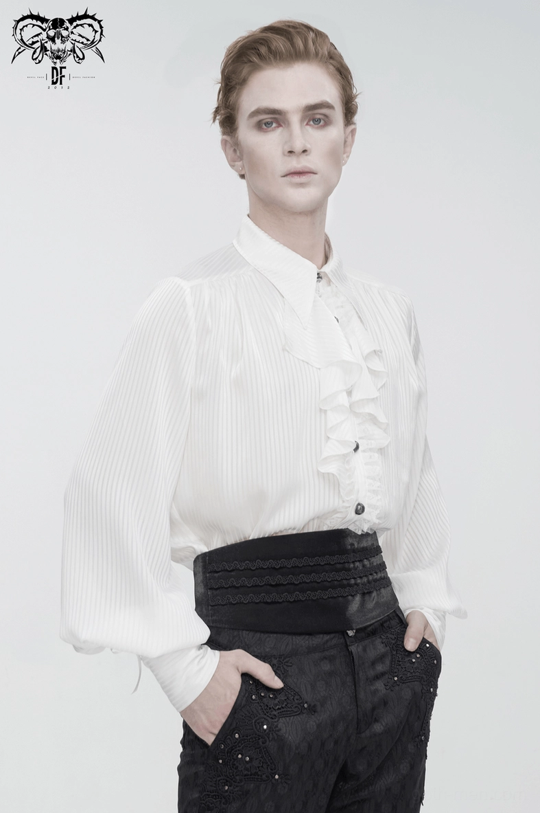 White gothic formal shirt lifestyle product shot, showing shirt's elegant silhouette and refined dark romantic aesthetic details