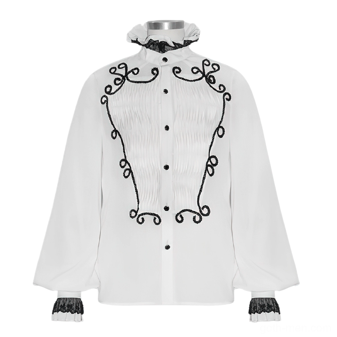 Formal men's white gothic shirt with Victorian stand collar lace trim, baroque embroidery, and pleated front - mannequin display