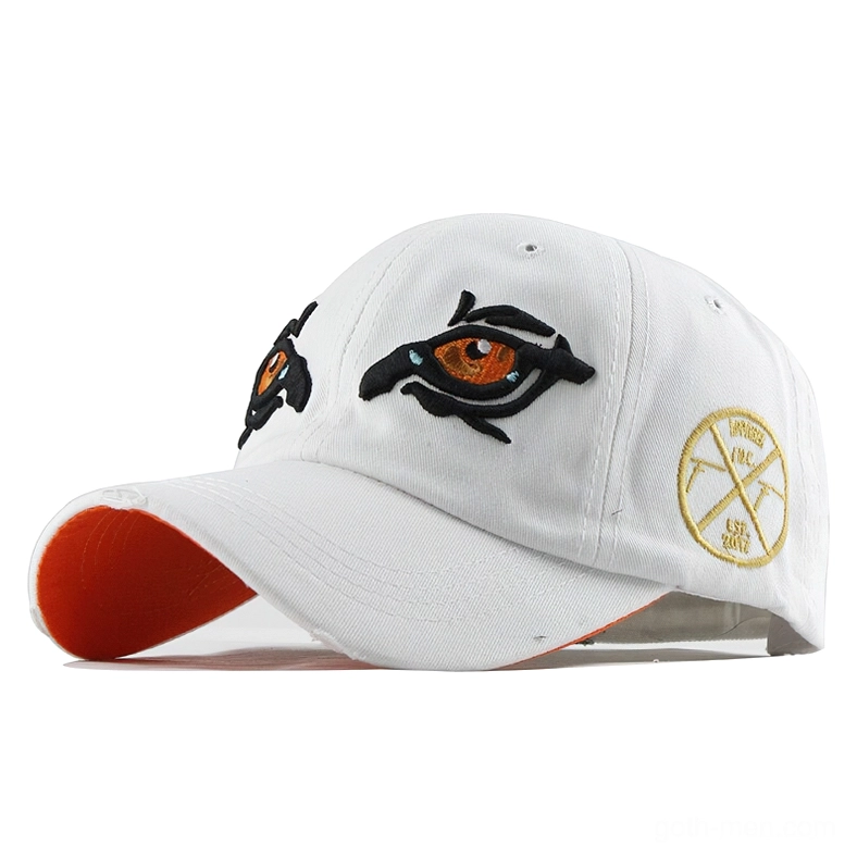 White gothic eagle eye embroidered baseball cap with orange brim lining, front angle display
