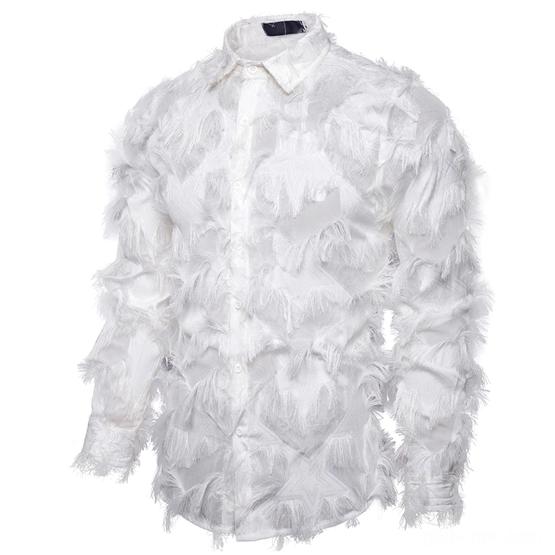 White men's gothic feather lace shirt front view with frayed texture and classic collar button-down