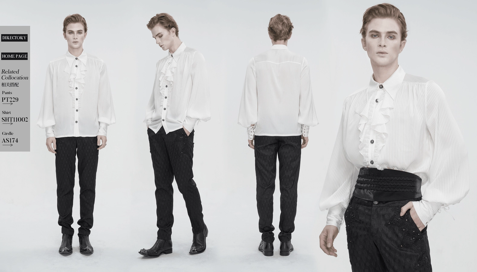 White gothic formal dress shirt product photography showcasing complete design with ruffles, pleats, and vintage-inspired buttons