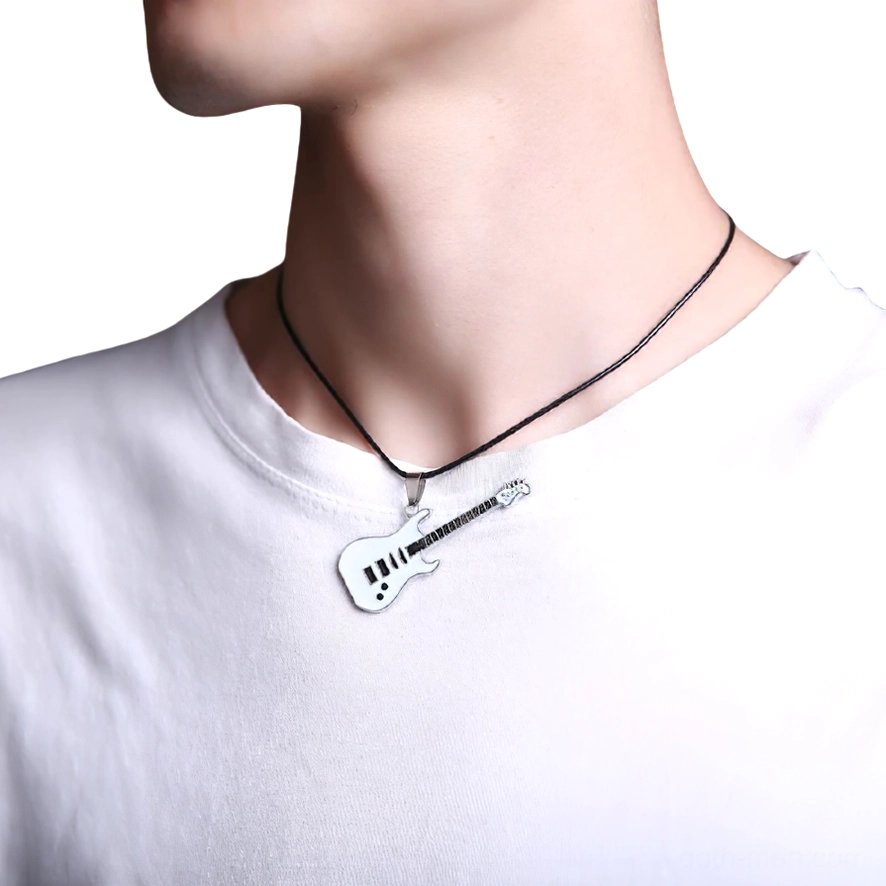 White electric guitar pendant necklace worn by male model with thin black chain
