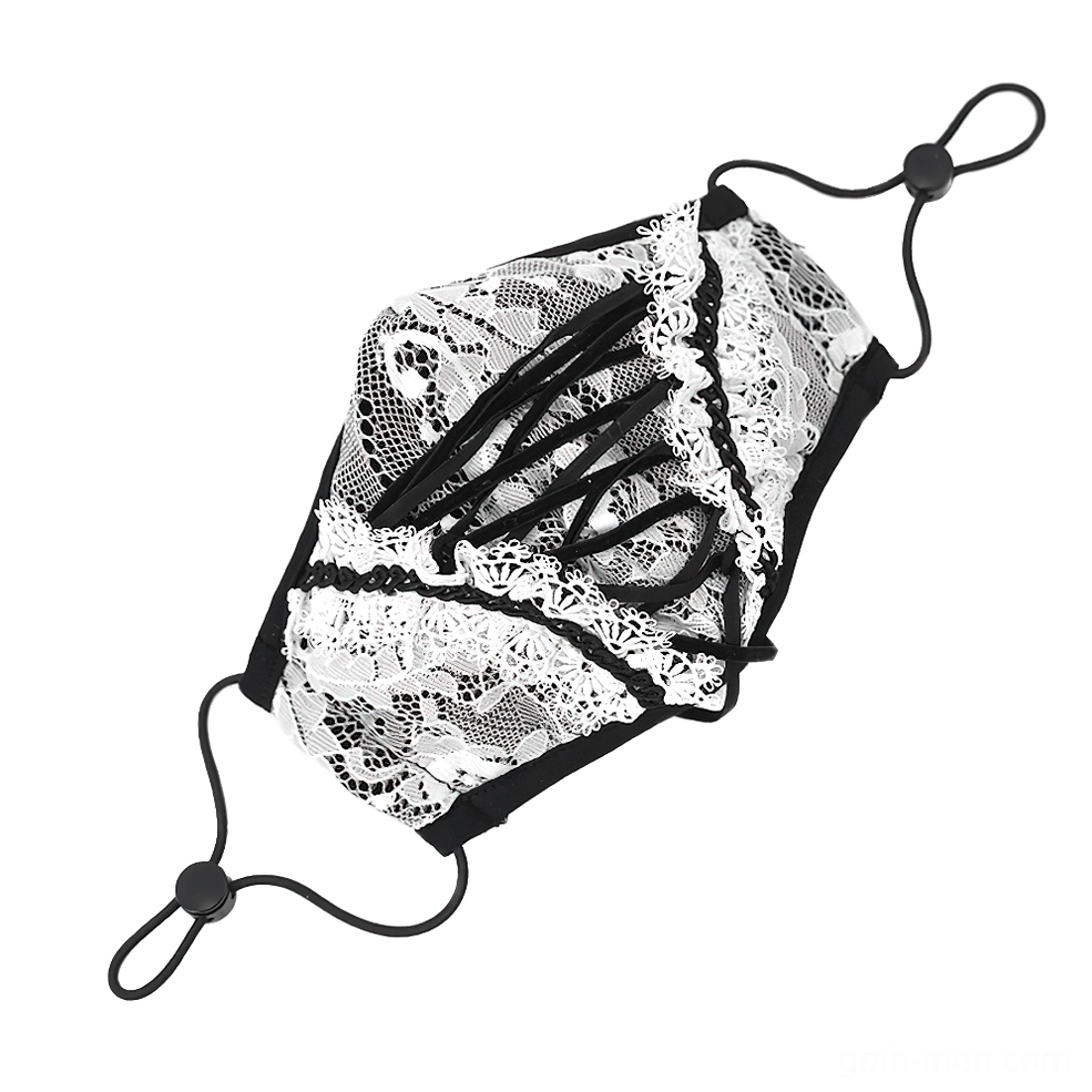 White floral lace gothic face mask displaying adjustable ear loops, black lace trim, and structural lace-up detailing on product display