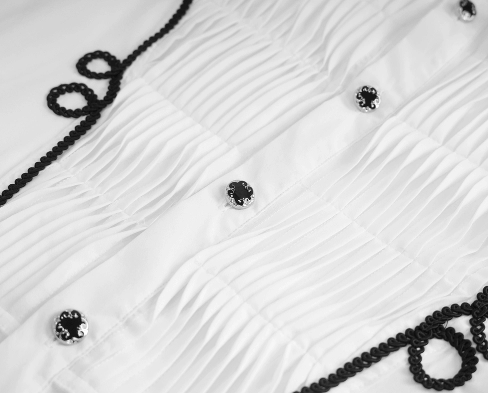 Men's white gothic lace shirt with black ruffled collar and cuffs - full product detail showcase