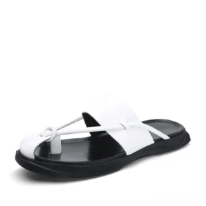 White genuine cow leather gothic slip-on sandals with minimalist wide strap design, top view
