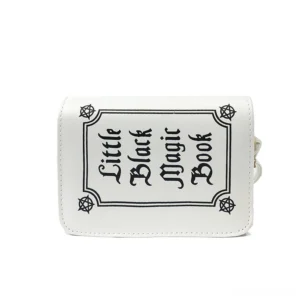 White gothic letter crossbody bag with black text print and pentagram details, top-down flat lay view