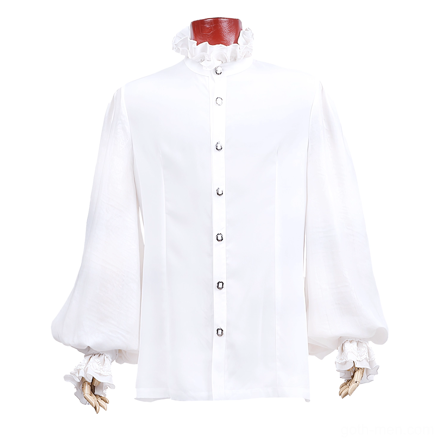 White gothic ruffle men's shirt full front mannequin view with high ruffled collar and button placket