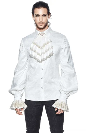 Men's white gothic shirt front view with lace ruffled cuffs, pleated jabot, vintage metal buttons on male model