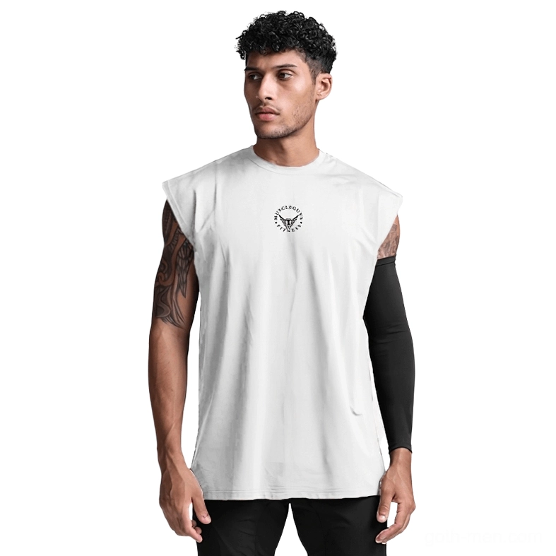 White gothic mesh tank top sleeveless shirt for men with chest print on tattooed model