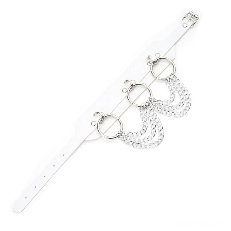 White leather O-ring chain choker gothic necklace side flat lay with silver metal hardware