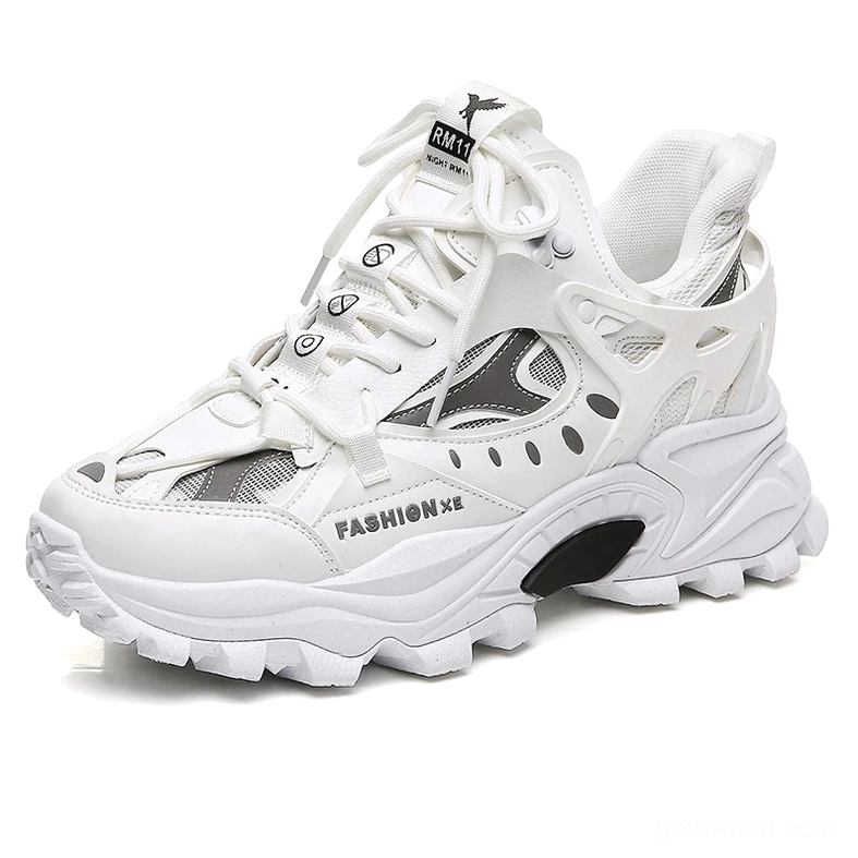 White ivory gothic platform sneakers with leather-mesh hybrid construction and thick white sole with black accents