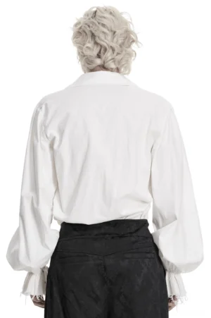 Back full-body view of gothic white poet shirt showing relaxed fit and voluminous bubble sleeve construction