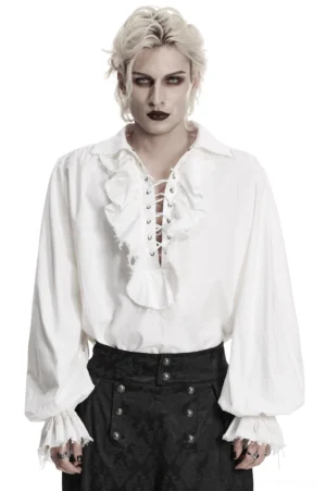 Front half-body view of white gothic poet shirt with dramatic bubble sleeves and lace-up ruffled neckline on androgynous male model