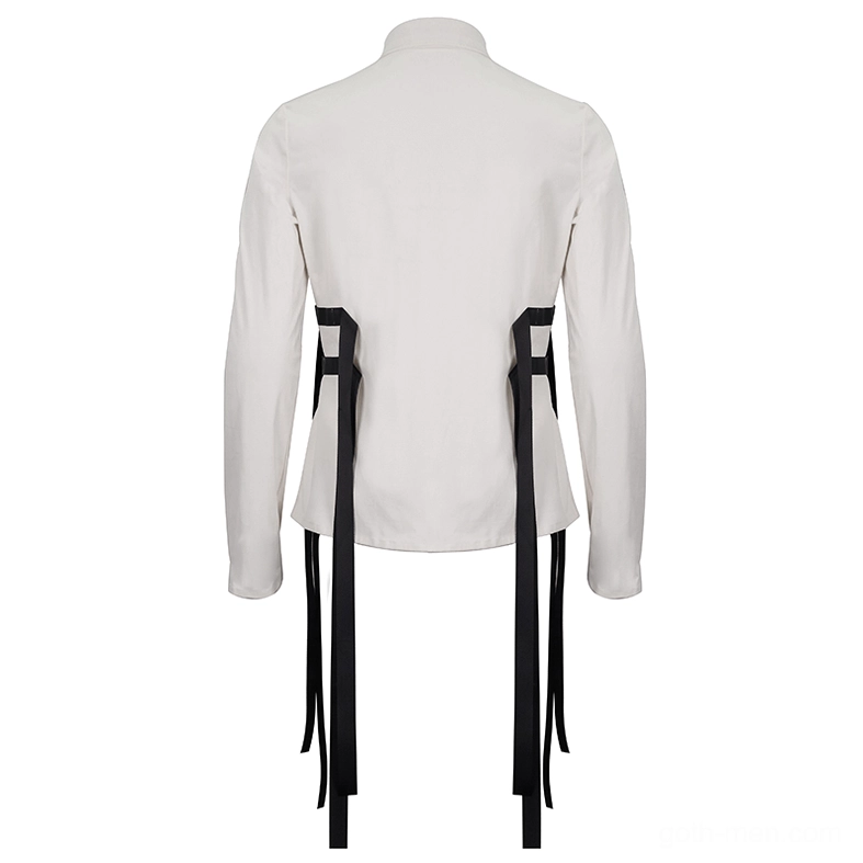 White gothic punk shirt flat lay rear view showing back hanging black nylon straps and buckle hardware