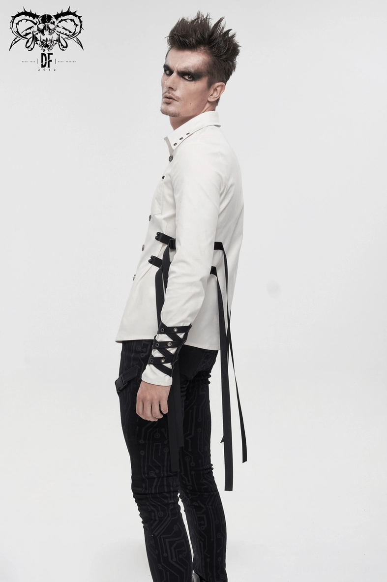 Close-up of white gothic punk shirt showing woven cotton fabric texture and metal eyelet placement