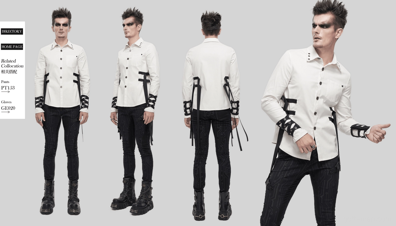 White gothic punk long sleeve shirt flat lay showing full garment with dual side nylon straps and hardware details