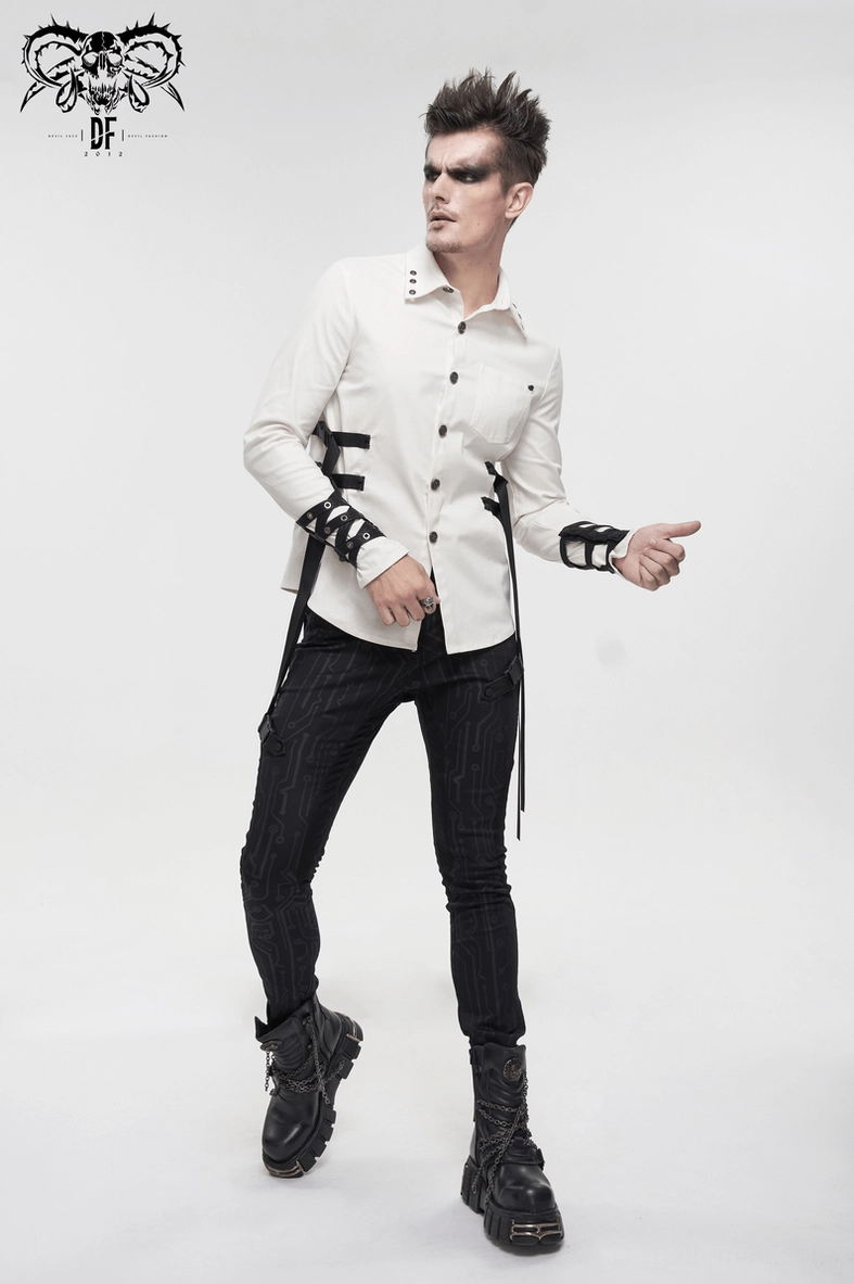 White gothic punk shirt styled on male model with dark alternative fashion aesthetic and industrial hardware