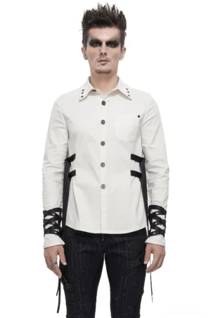 White gothic punk long sleeve shirt with nylon side straps and metal hardware on male model, front view with dark punk styling