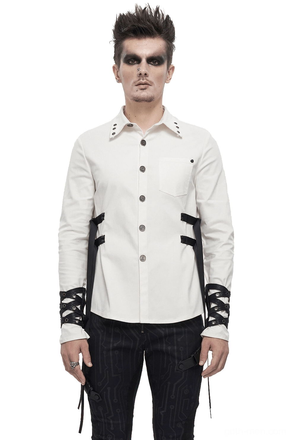 White gothic punk long sleeve shirt with nylon side straps and metal hardware on male model, front view with dark punk styling