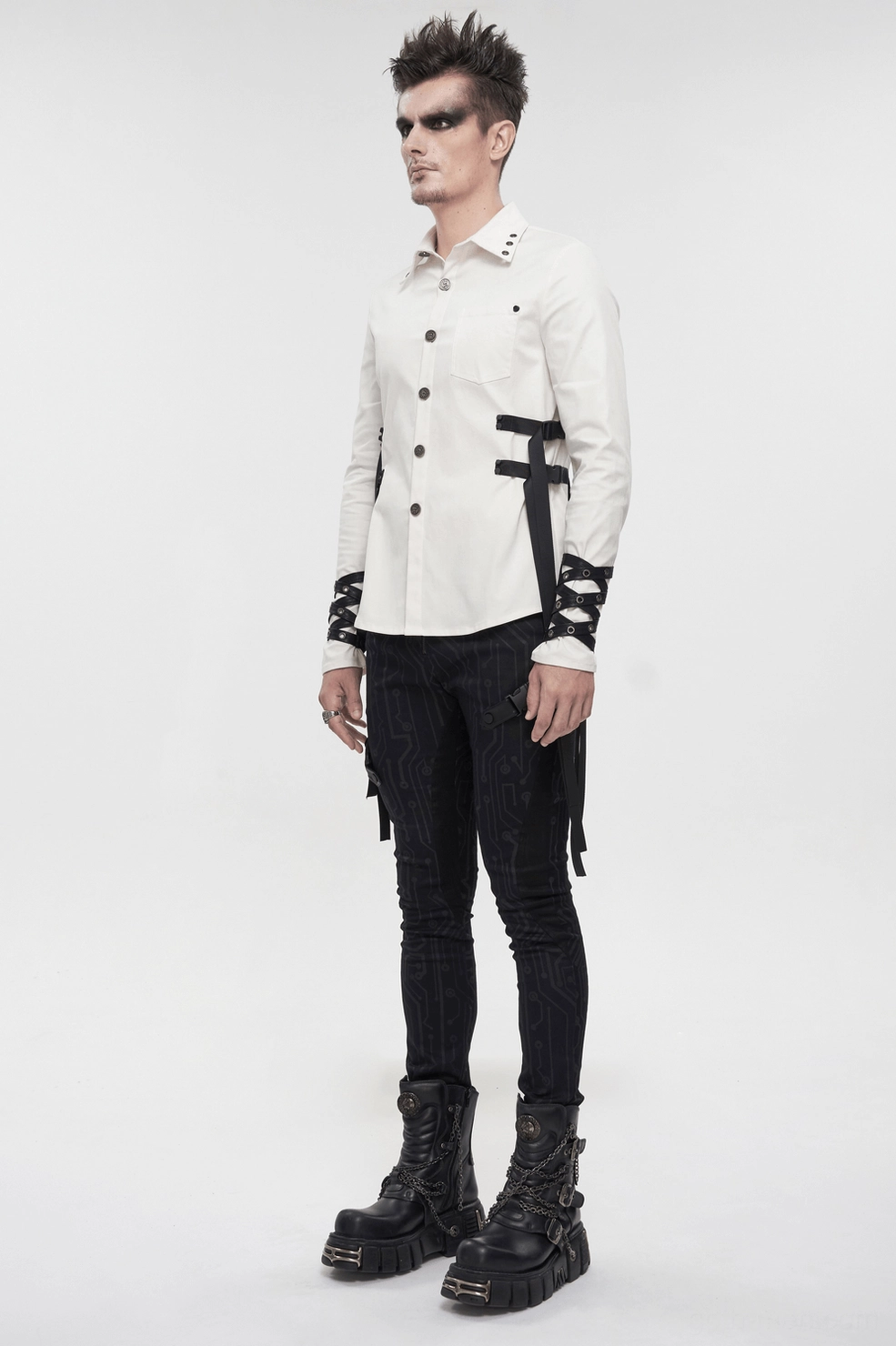 Product photography of white gothic punk long sleeve shirt with nylon straps and metal hardware flatlay presentation