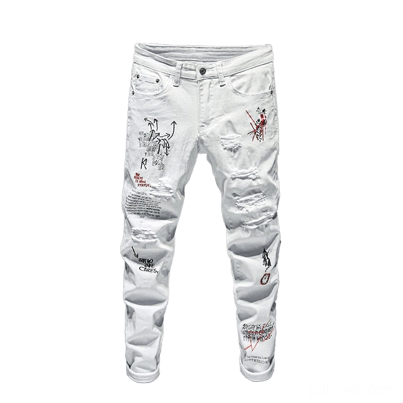 White gothic ripped jeans flat lay display showing graphic prints and distressed holes