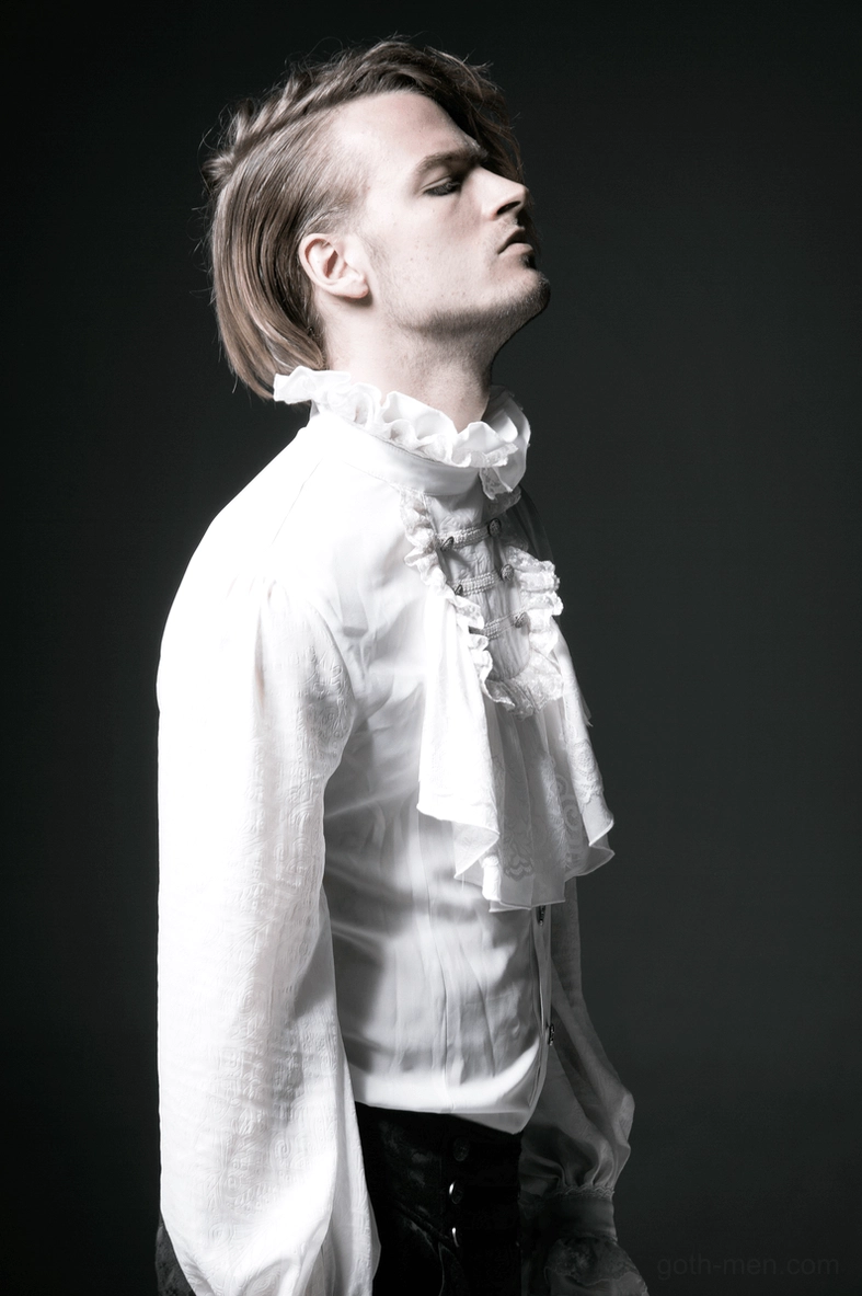 Men's white gothic ruffle dress shirt back panel view on model showing structure and sleeve volume