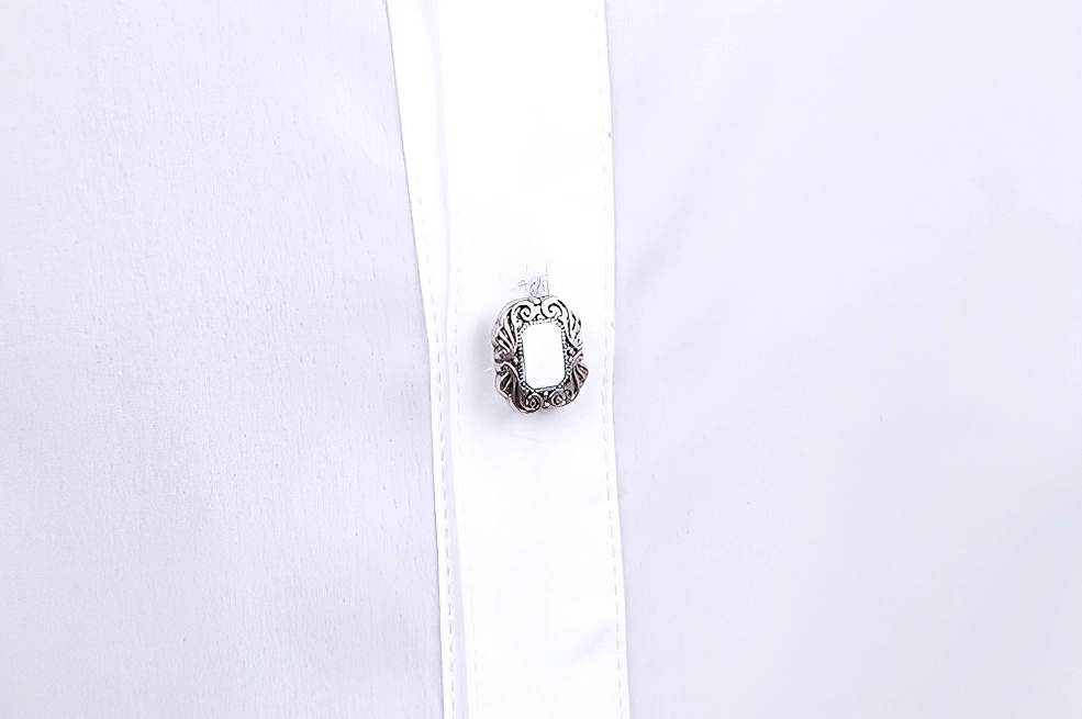 Full view white gothic ruffle dress shirt on mannequin displaying entire silhouette with dramatic ruffled elements
