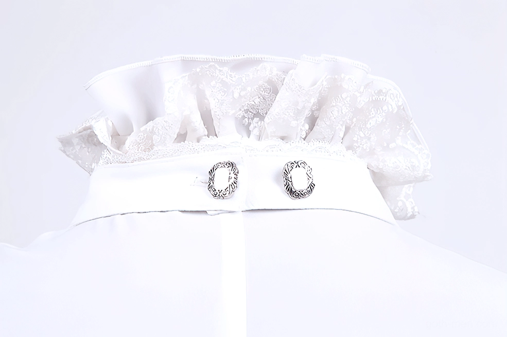 Back neck close-up detail of white gothic ruffle shirt showing lace collar and back closure buttons