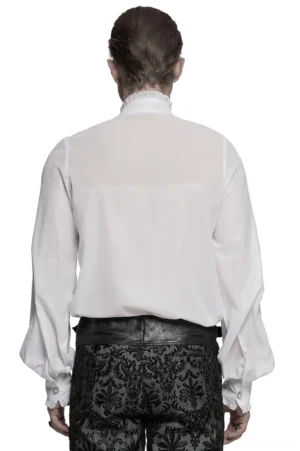 Back view of white gothic ruffle shirt showcasing sheer chiffon fabric and structured back panel