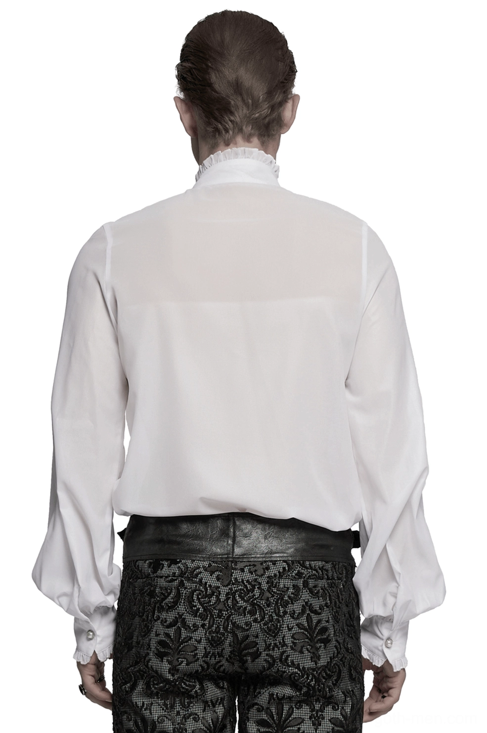 Back view of white gothic ruffle shirt showcasing sheer chiffon fabric and structured back panel