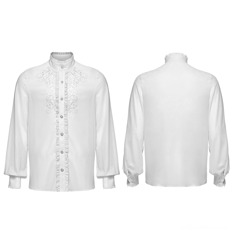 Flat lay detail of white gothic dress shirt showing front and back with bishop sleeves and lace-trimmed cuffs
