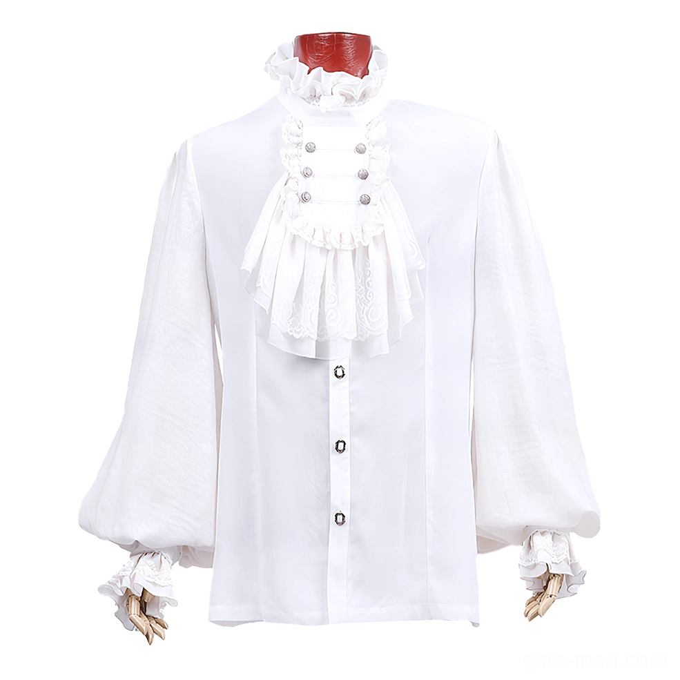 White gothic ruffle dress shirt on mannequin front view showing layered jabot ruffles and high collar
