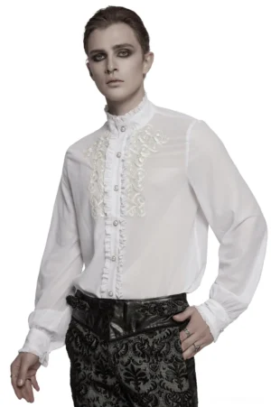 White gothic ruffle dress shirt front view with ornate gem buttons, embroidered chest placket, and ruffled stand collar