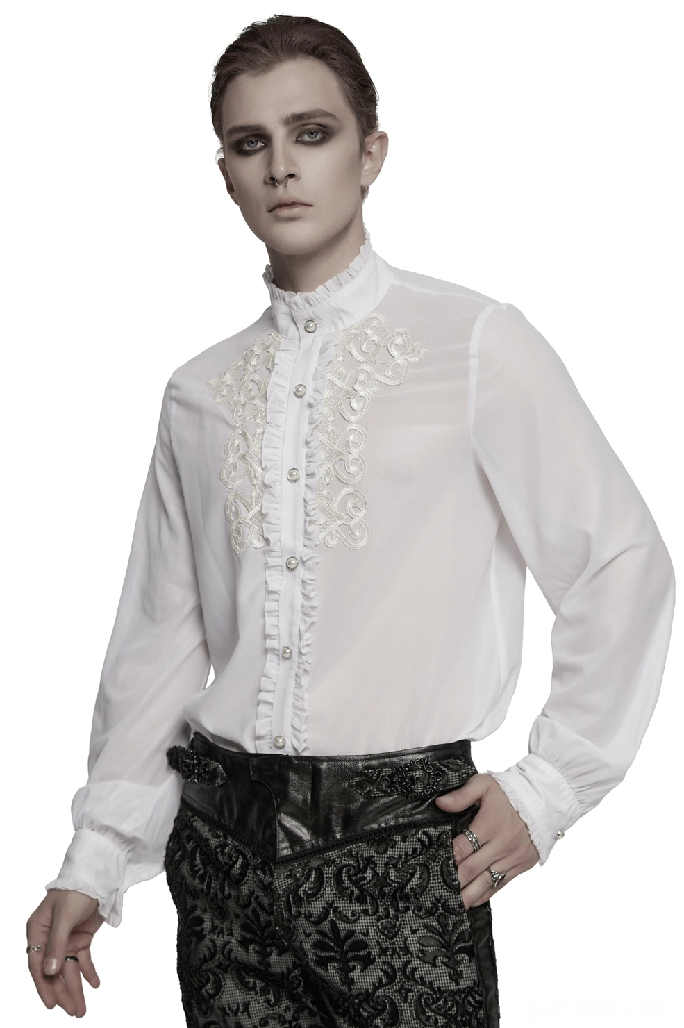 White gothic ruffle dress shirt front view with ornate gem buttons, embroidered chest placket, and ruffled stand collar