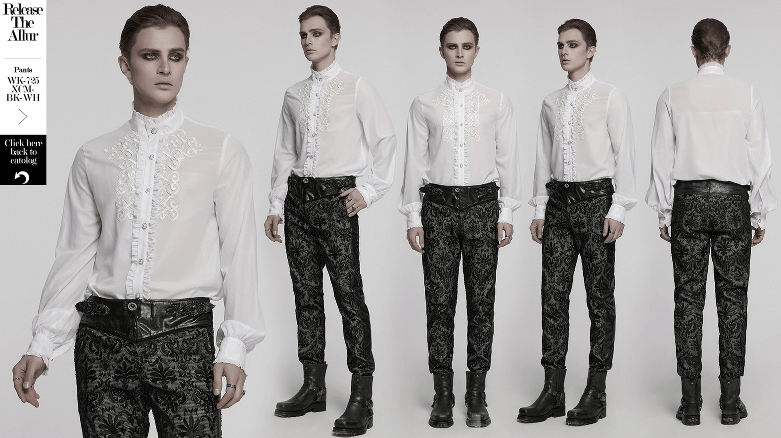 Full front view of white gothic ruffle dress shirt with complete ruffled collar, embroidery, and gem button fastening on male model