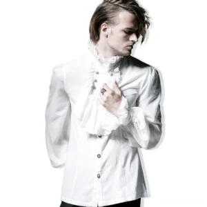 White gothic ruffle dress shirt for men front three-quarter view showing high ruffled collar and front jabot ruffles on male model