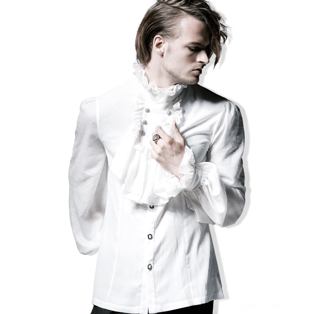 White gothic ruffle dress shirt for men front three-quarter view showing high ruffled collar and front jabot ruffles on male model