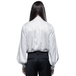 White gothic ruffled blouse back view showing bishop sleeve cuffs and jacquard yoke detail
