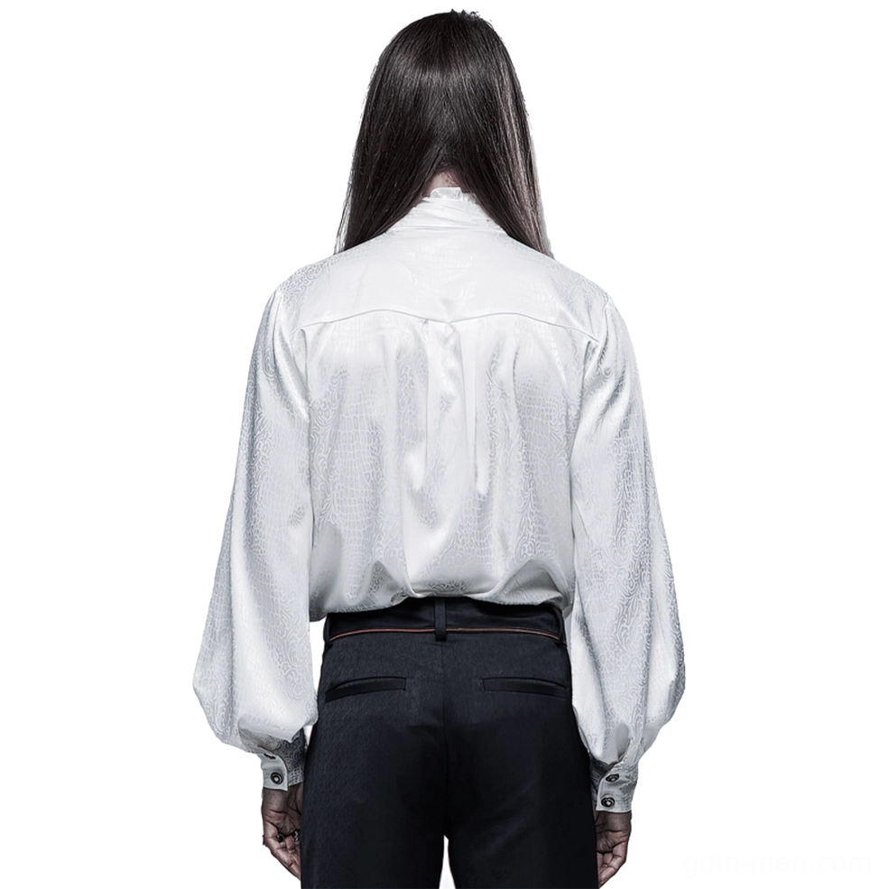 White gothic ruffled blouse back view showing bishop sleeve cuffs and jacquard yoke detail