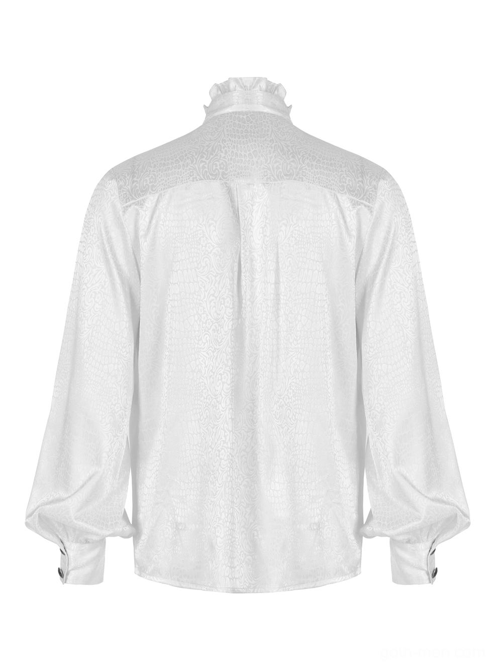 White gothic ruffled blouse back panel flat lay showing jacquard yoke and high collar