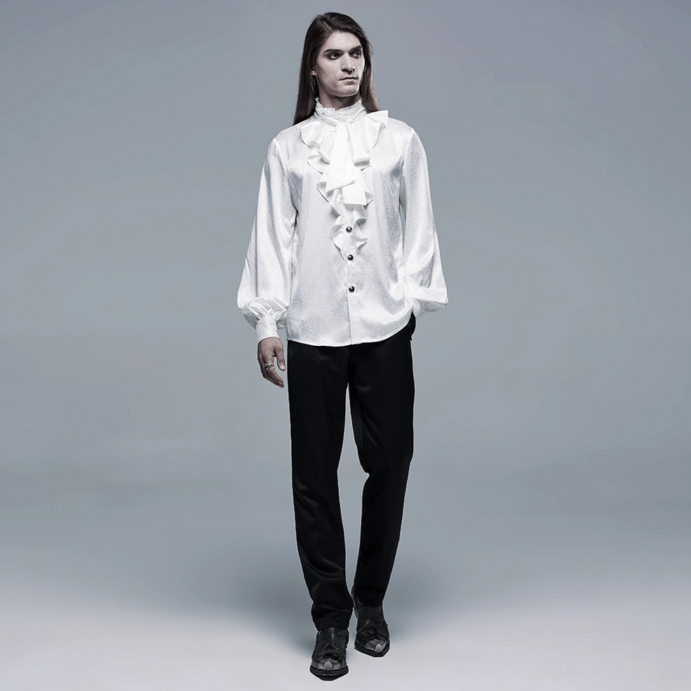 White gothic ruffled blouse flat lay showing all features including collar detail and bishop sleeves