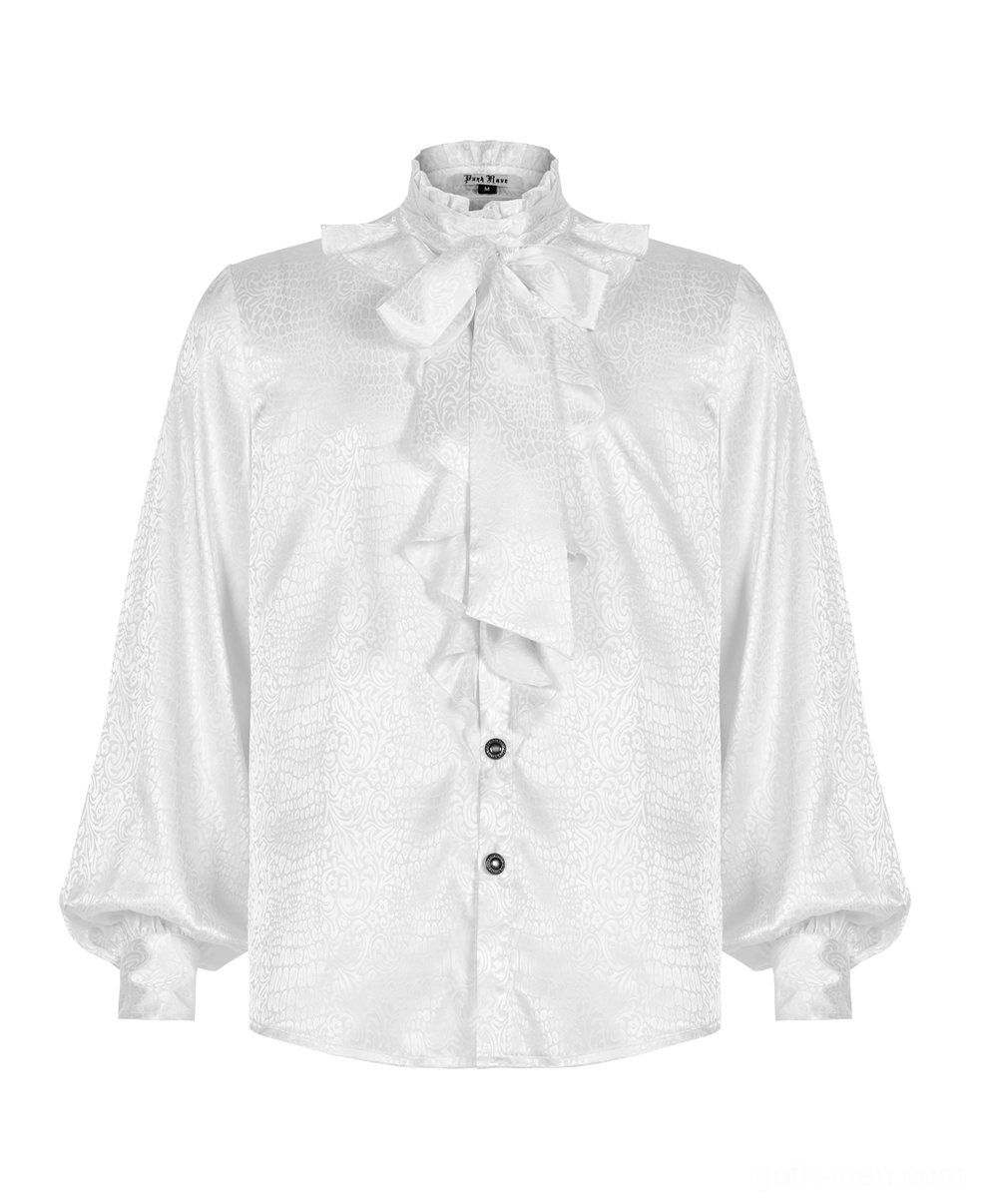 White gothic ruffled blouse front detail showing standing collar and front button placket with ruffles