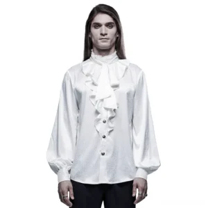White gothic ruffled blouse front view with standing collar and damask jacquard texture on male model
