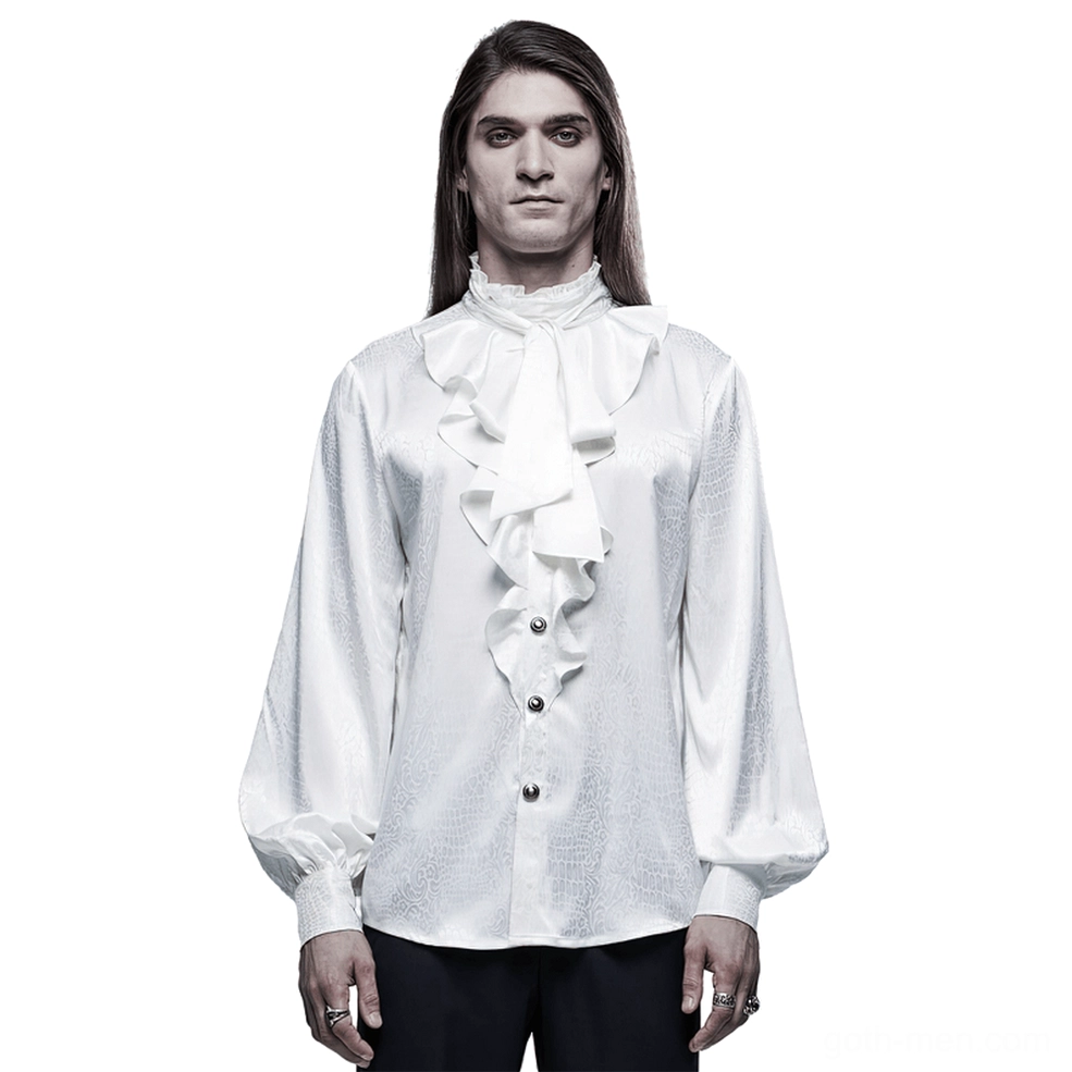 White gothic ruffled blouse front view with standing collar and damask jacquard texture on male model