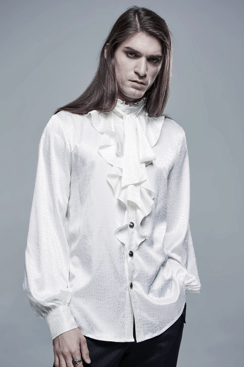 White gothic ruffled blouse on model full body front view showing overall fit and proportions
