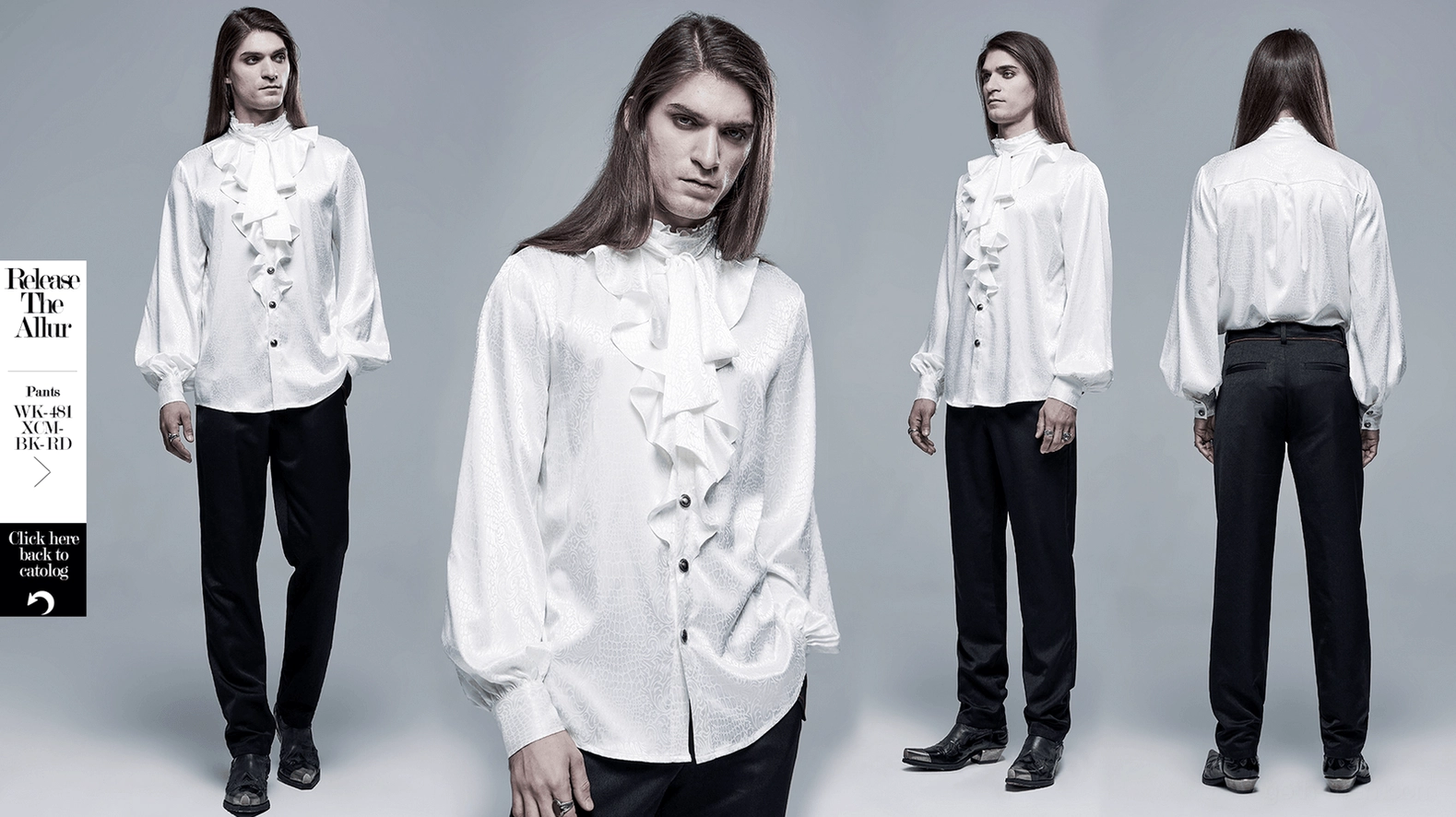 White gothic ruffled blouse model wear showing paired styling with dark pants and overall aesthetic